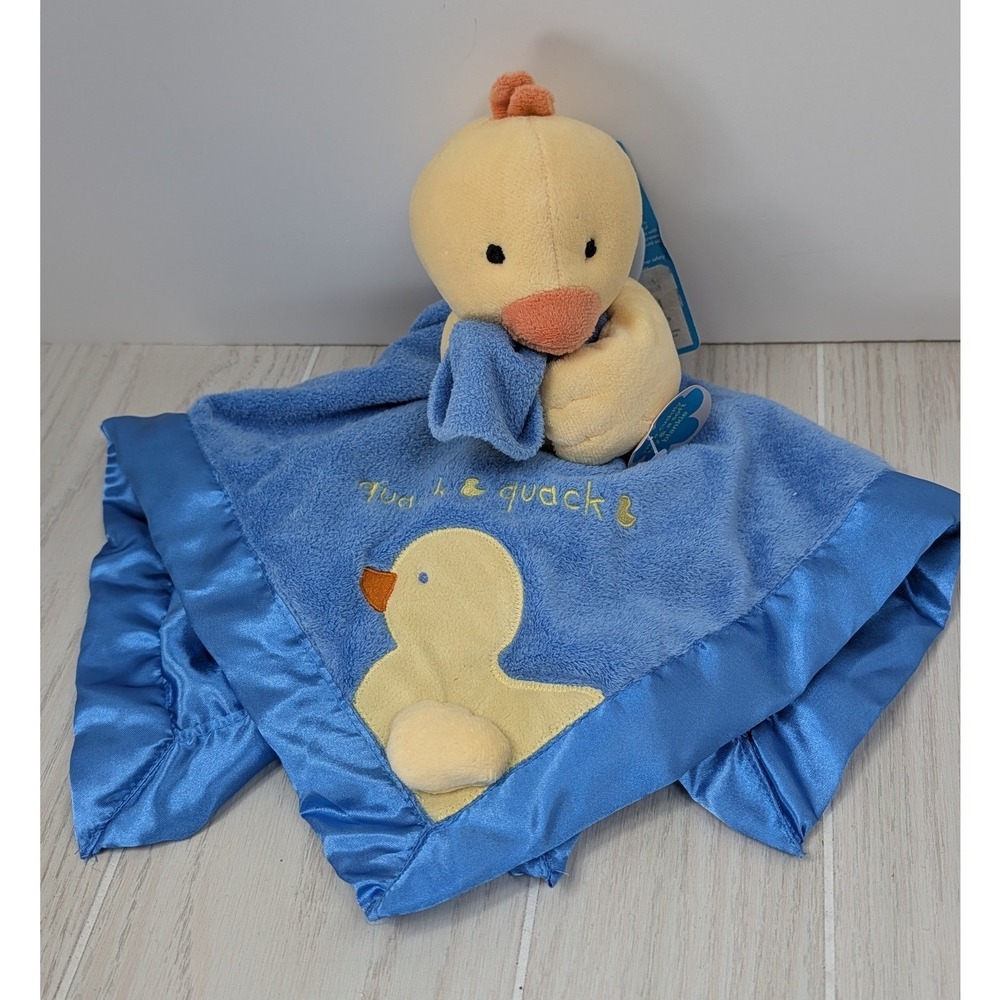 Carters Security Blanket Blue Yellow Duck Quack Satin Trim Plush Squeaker